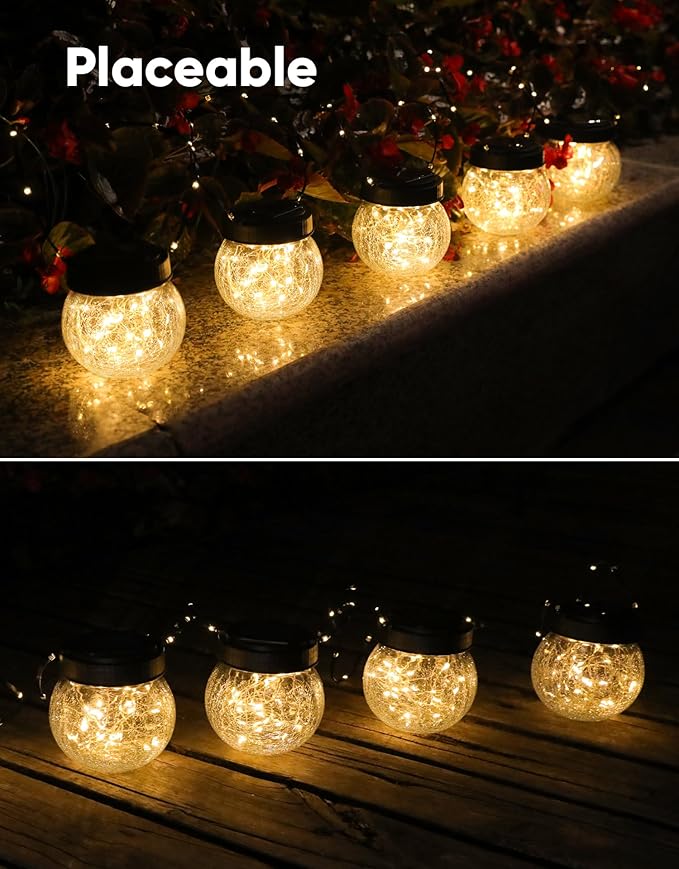 Solar Lantern Solar Lights Outdoor Waterproof 2-Pack, Solar Powered Hanging Lights Cracked Glass Hanging Globes for Christmas Decoration, Shepherd Hook, Garden Tree Ornaments-VerdiqueGarden