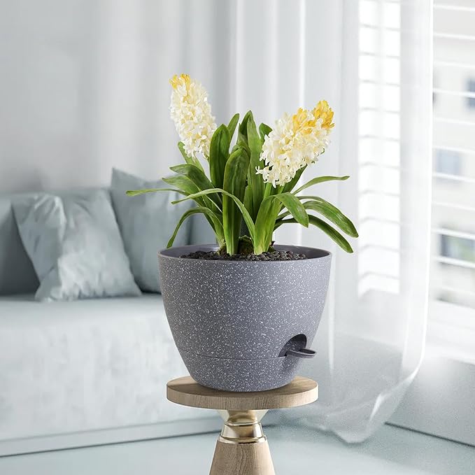 12 inch Large Self Watering Pots, Plant Pots with Mesh Drainage Holes for Indoor Outdoor Plants, Plastic Planters with Deep Reservoir for Garden House Flower Plants, Speckled Grey-VerdiqueGarden