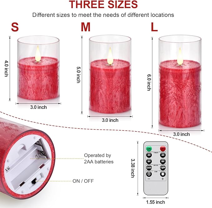 Flameless Flickering Remote Control Candle, Glass Pillar Candle,3 Pack (D:3"×H:4" 5" 6") LED 3D Flame Romantic Candle,Battery Operated Real Wax, Ideal for Wedding, Home Decor Holiday (Red)-VerdiqueGarden