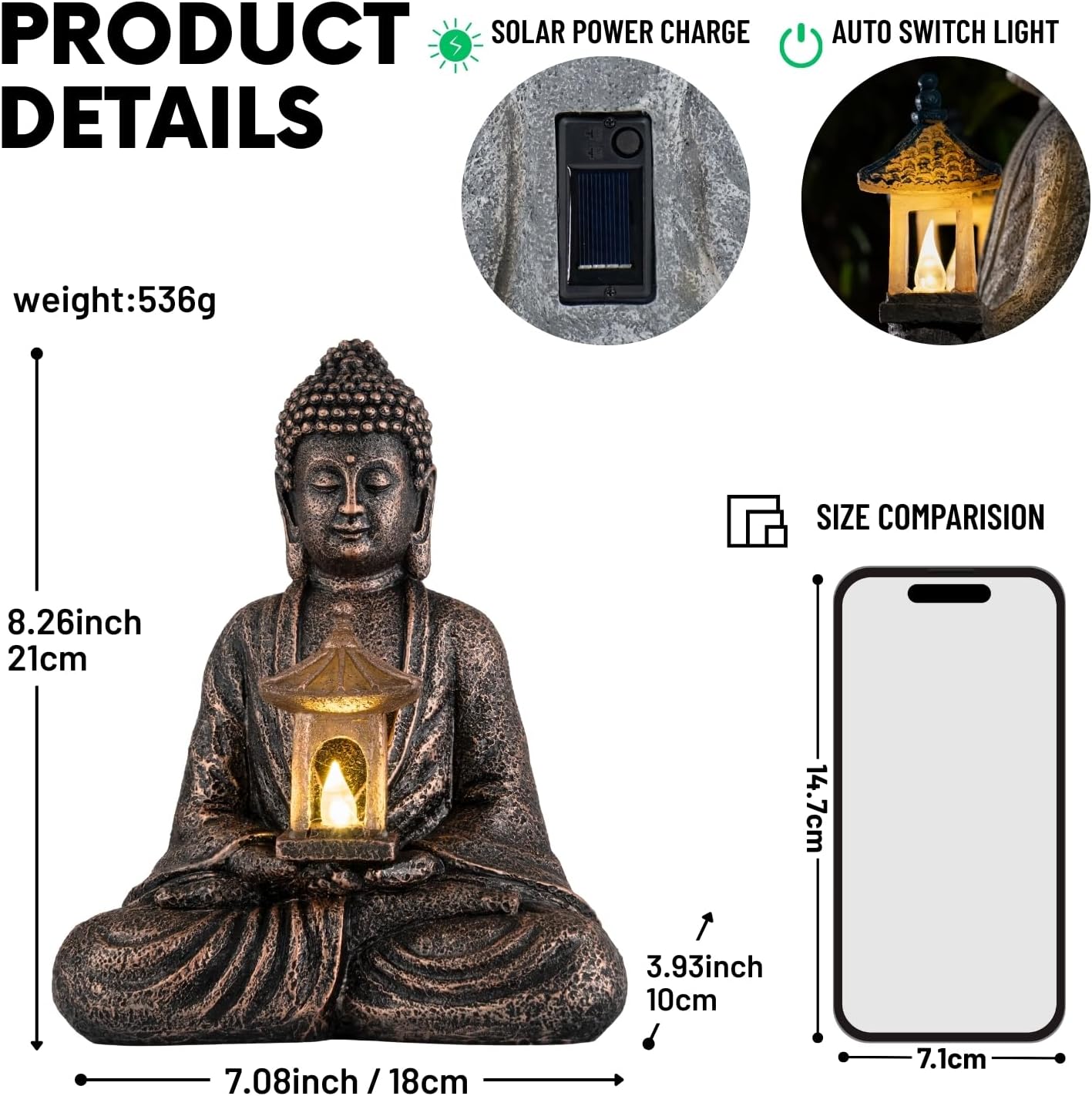 Buddha Garden Statue with Solar Light, Resin Zen Decor for Outdoor Patio or Indoor Meditation, Spiritual Gift for Women and Friends (Copper Pavilion)-VerdiqueGarden