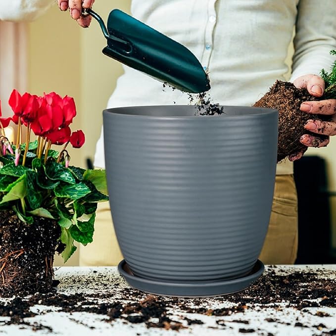 12 Inch Pots for Plants Ceramic Planter Pot Large Flower Pot with Drainage Hole and Saucer for Home Patio Garden Office Indoor Outdoor Gray-VerdiqueGarden