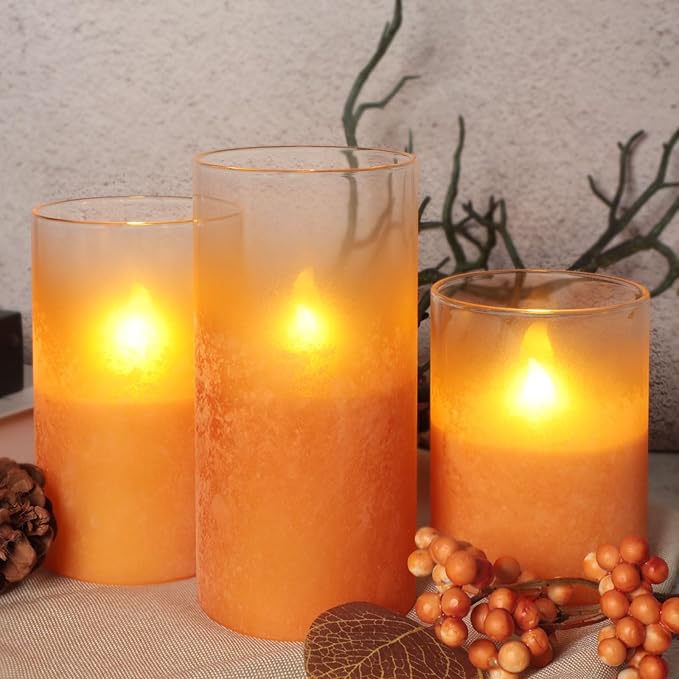 Orange Flameless Candles - Battery Operated Candles with Remote Orange Glass Sandblasted Design Wax Unscented - Centerpieces for Dinner Table Tray House Warming Thanksgiving Gifts-VerdiqueGarden