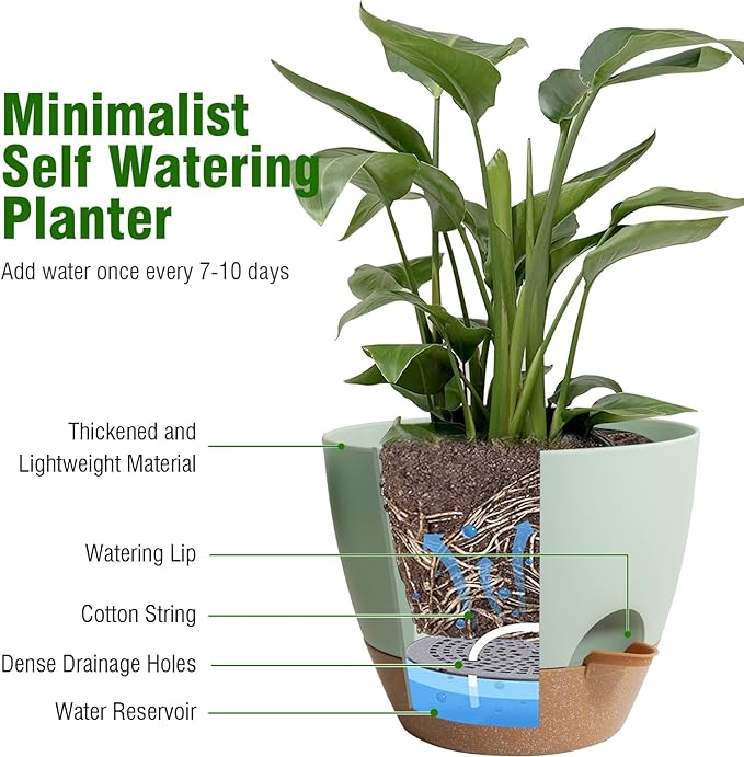 10/9/8 inch Self Watering Pots, Planter, Plant Pots with Mesh Drainage Holes for Indoor Outdoor Garden Plants, Plastic Flower Pots with Deep Reservoir for House Plants, Green with Brown-VerdiqueGarden