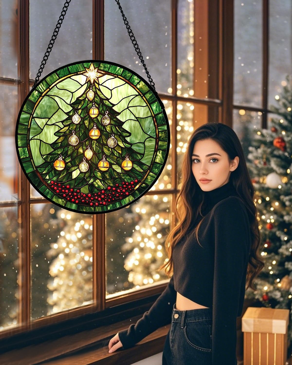 Stained Glass Window Hanging - Green Christmas Tree Golden Bells Suncatcher for Doors Home Christmas Decoration Sun Catcher Thanksgiving New Year Birthday Gift for Women Men Mom Nana 6.3 in-VerdiqueGarden