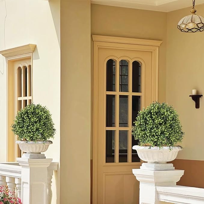 THE BLOOM TIMES 2ft Faux Boxwood Plants Outdoor Set of 2, Topiary Balls Artificial Outside Trees, 24" UV Resistant Fake Greenery Bushes & Shrubs for Front Porch Planter-VerdiqueGarden