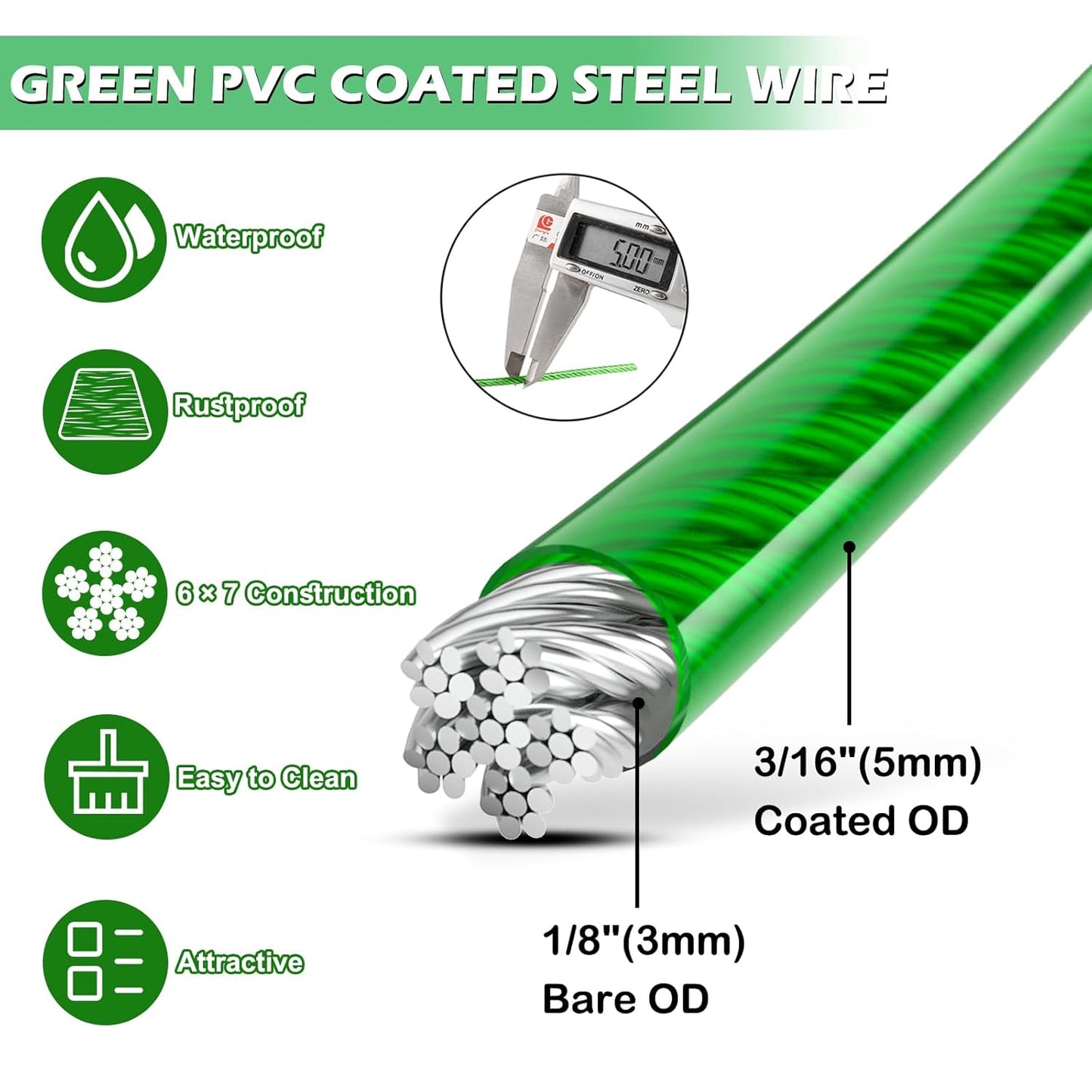 M6 Turnbuckles for Cables Wire, 3/16" Green PVC Coated Wire Rope Kit, Multi-use Steel Cable for Grape Vines/Clothes Line Outdoors for T Post/String Light Hanging/Garden Wire-VerdiqueGarden