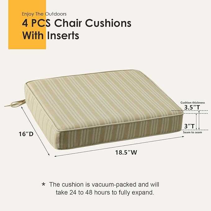 Outdoor Square Corner Seat Cushion, 18.5"x16"x3", Set of 4, Non Slip Seat Cushion Pads with Removable Cover for Patio Furniture, Garden Yard Lawn, Beige Brown Stripe-VerdiqueGarden