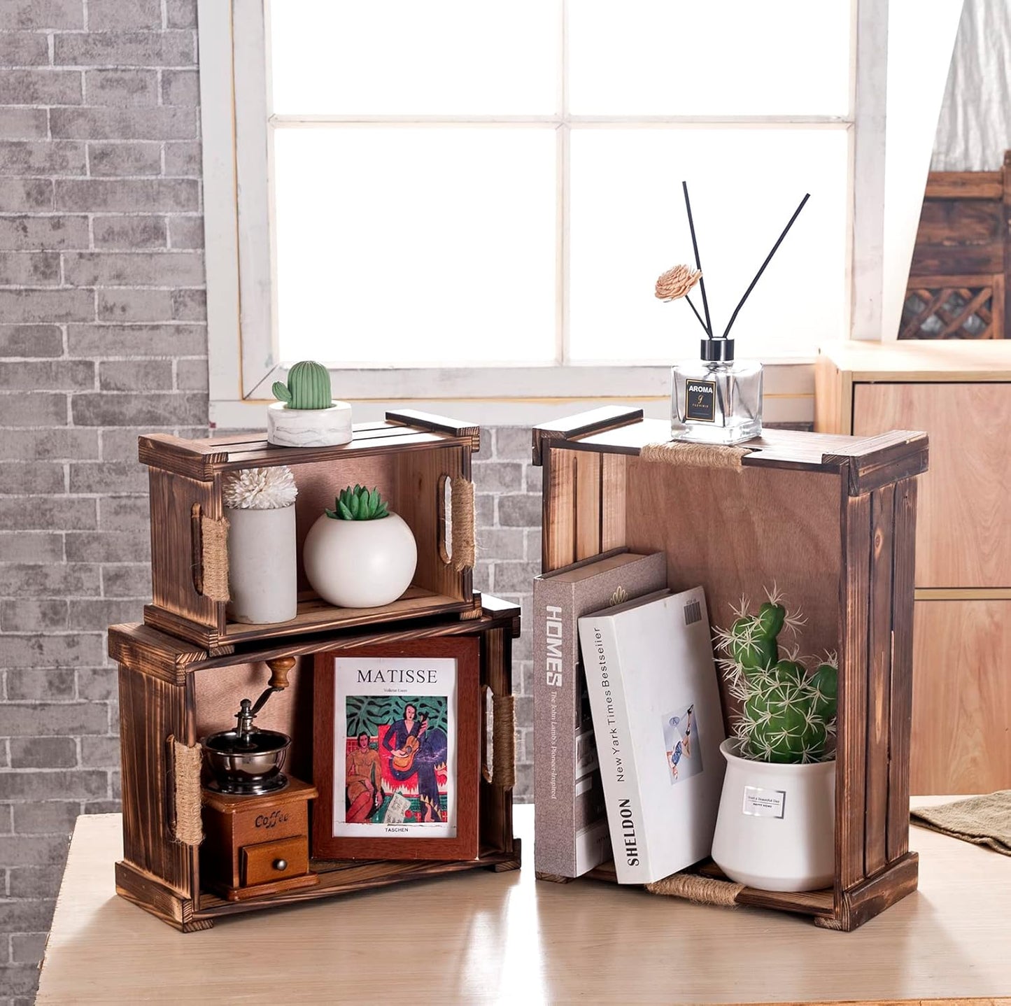 TIMRIS Set of 3 Rustic Wood Nesting Crates, Farmhouse Wooden Storage Container Boxes with Cutout Handles, Decorative Wooden Baskets for Display (Rustic Brown)-VerdiqueGarden