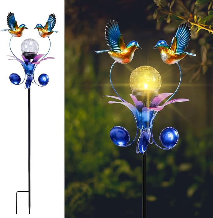 VCUTEKA Solar Lights Outdoor Metal Garden Stake Waterproof Crackle Glass Globe Garden Decor Blue Jay Bird for Pathway, Lawn, Patio, Yard-VerdiqueGarden
