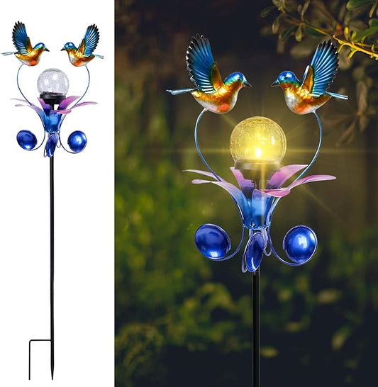 VCUTEKA Solar Lights Outdoor Metal Garden Stake Waterproof Crackle Glass Globe Garden Decor Blue Jay Bird for Pathway, Lawn, Patio, Yard-VerdiqueGarden