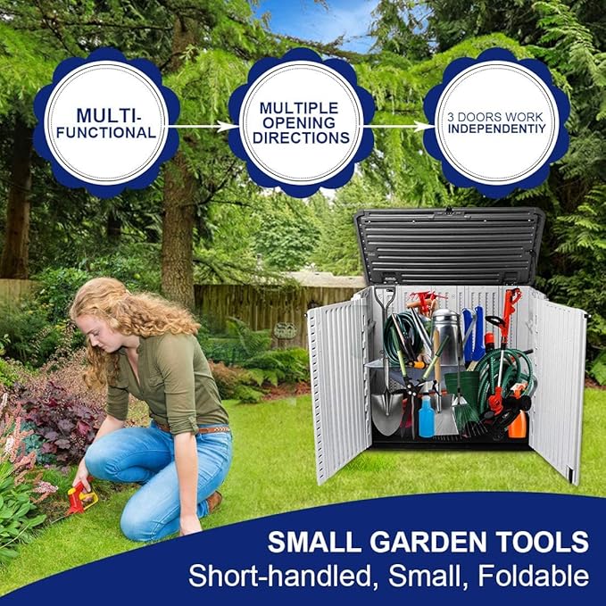 KINYING Outdoor Storage Shed - Horizontal Storage Box Waterproof for Garden, Patios, Backyards, Multi-Opening Door for Easy Storage of Bike, Garbage Cans, Tools, Lawn Mower, Off-White, 26 Cubic Feet-VerdiqueGarden