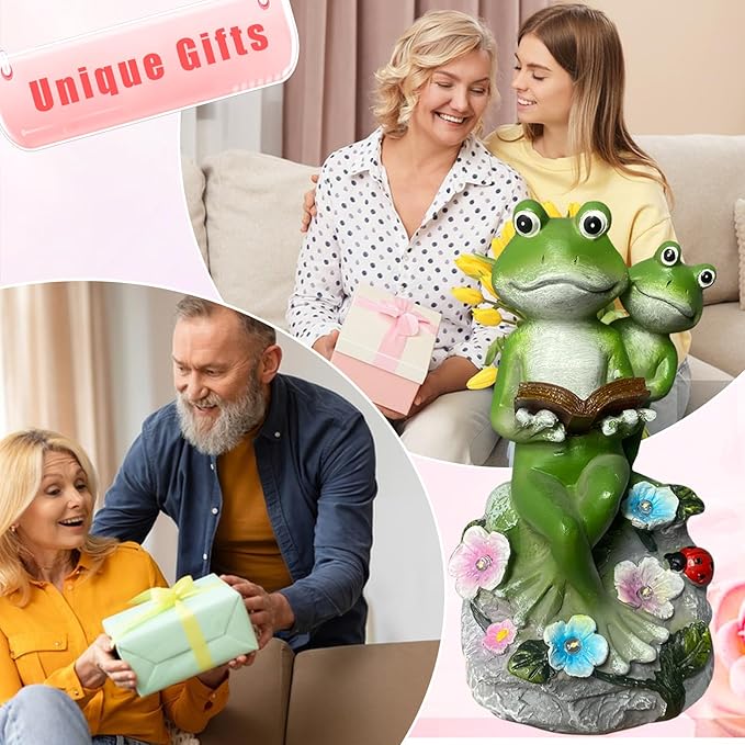 Frog Garden Statue,Frog Garden Decor,Solar Frog Statue Sitting on a Stone Reading a Book with 5 LEDs for Lawn Patio Yard Porch Decoration, Outdoor Garden Decor, yijiayi-008-VerdiqueGarden