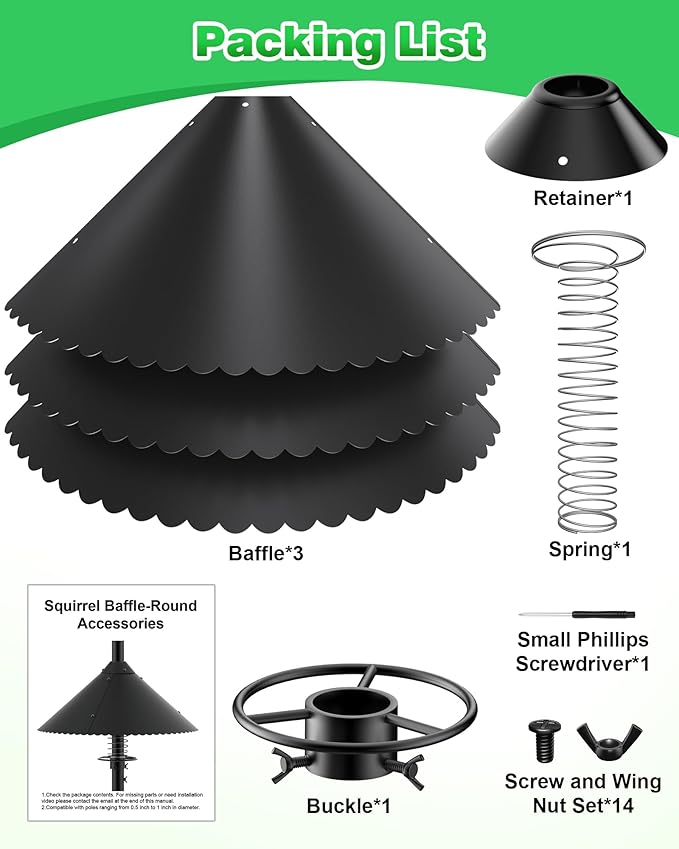 Metal Squirrel Baffle - Heavy Duty Squirrel Baffle for Bird Feeder Pole - Chew Proof Squirres Guard with Spring for Better Defense, Outside Pole Mount for Bird Feeder, 19 Inch-VerdiqueGarden