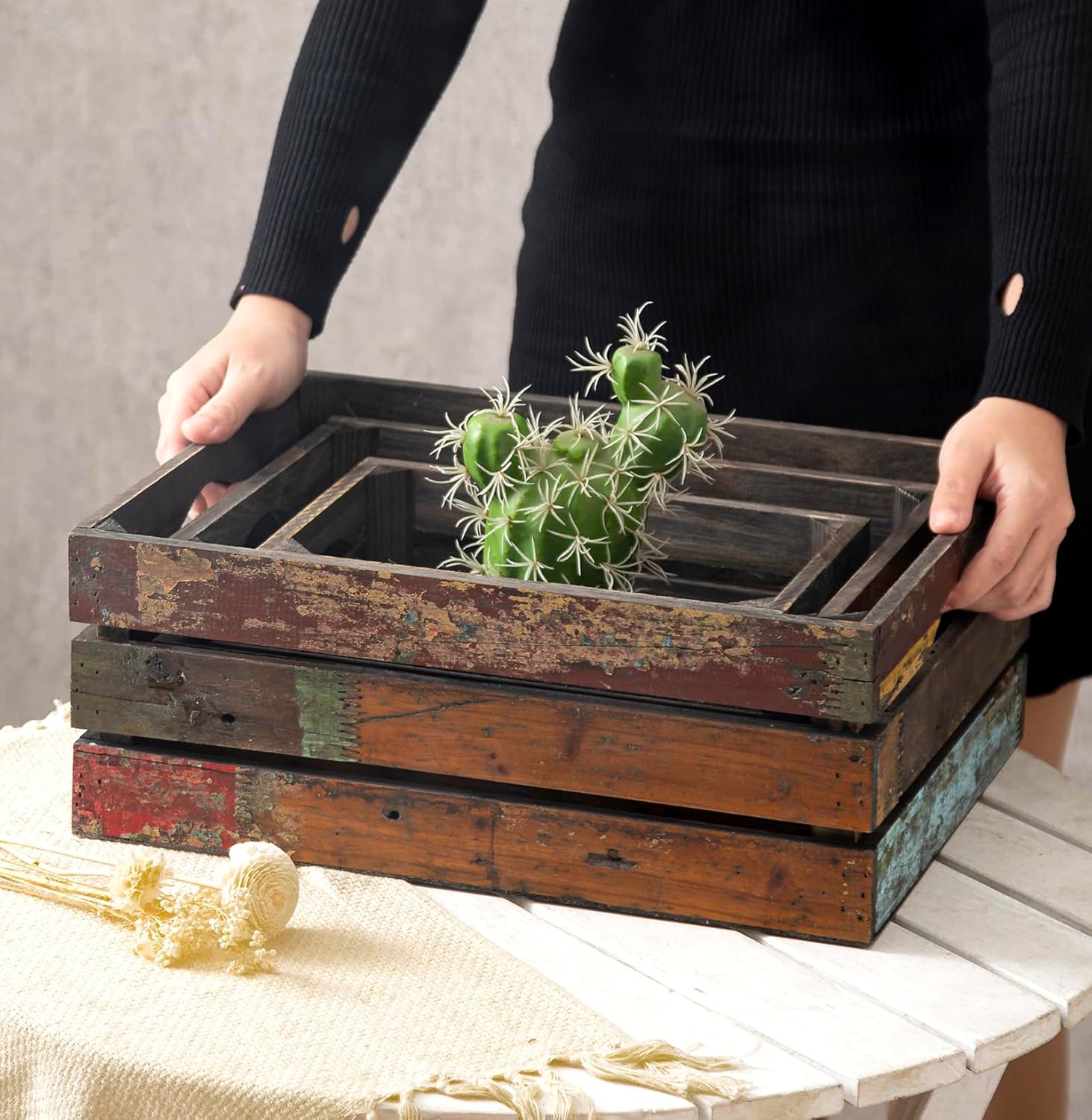 TIMRIS Set of 3 Rustic Distressed Wood Nesting Crates, Farmhouse Decorative Wooden Storage Boxes, Large Vintage Reclaimed Wood Baskets for Display (Random)-VerdiqueGarden