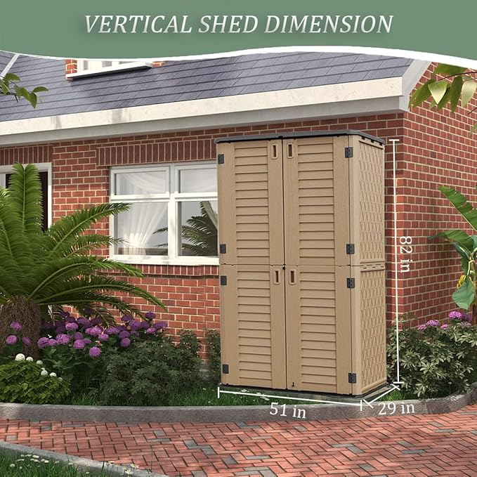 HOMSPARK Storage Shed Weather Resistance, Multi-Purpose Outdoor Storage Cabinet for Backyards and Patios, Horizontal Storage Shed for Lawnmower, Patio Accessories (Coffee, Tall - 53 cu.ft)-VerdiqueGarden