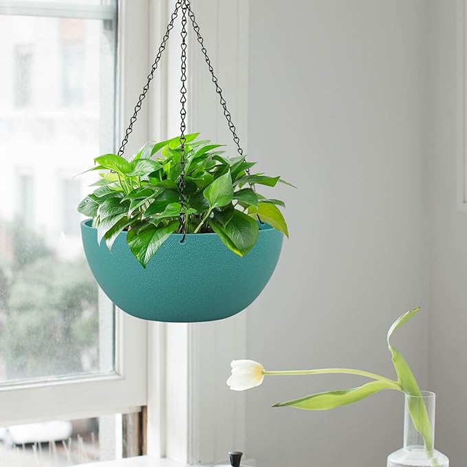10 inch Hanging Planters for Outdoor Indoor Plants with Drainage Holes and Chain, 2 Pack Round Hanging Flower Pots for Garden Home Porch Decor, Blue Green-VerdiqueGarden