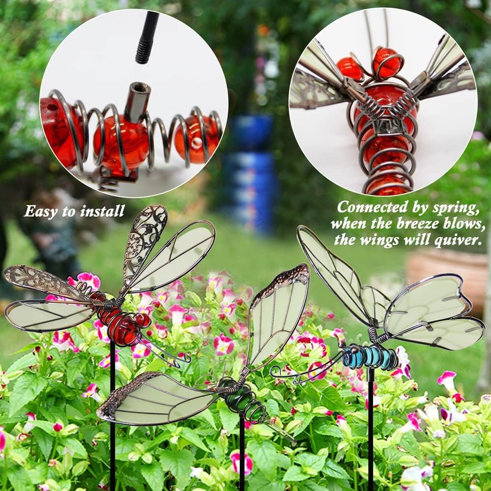 Juegoal 20 Inch Butterfly Garden Stakes Decor, Dragonfly Stakes, Hummingbird Glow in Dark Metal Yard Art for Mom, Mothers Day Ideal Gifts, Indoor Outdoor Lawn Pathway Patio Ornaments, Set of 3-VerdiqueGarden