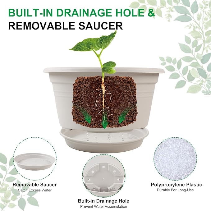 6 Pack 10 inch Plant Pot, Outdoor Pots for Plants with Drainage Hole & Tray Saucer, Round Plastic Plant Pot, Decoration Flower Pots for Indoor Plants Home Garden Outdoor Planters (White)-VerdiqueGarden
