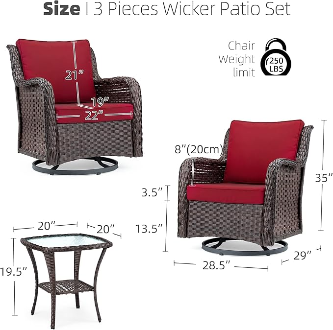 Towallmark Outdoor Swivel Wicker Glider Patio Chairs with Table Set, 3 Pieces Outdoor Bistro Set with 4”Thick Cushions and Coffee Table for Porch, Balcony, Deck (Red)-VerdiqueGarden