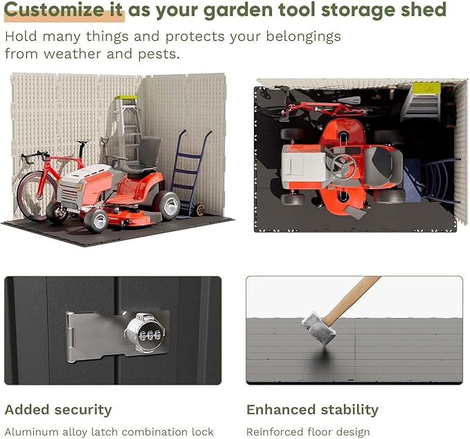 Patiowell 8 x 6 FT Plastic Outdoor Storage Shed with Floor, Resin Shed with Window and Lockable Door for Garden, Backyard, Tool Storage Use, Easy to Install in Beige (Kick-it Shed)-VerdiqueGarden