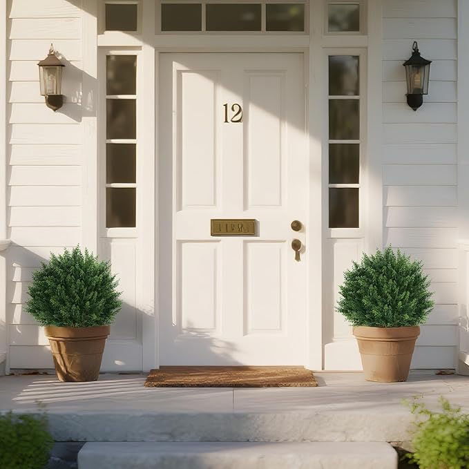 Artificial Set of 2 Cedar Topiary Ball Trees 16" for Outdoors with Ground Spike, UV Resistant Faux Cypress Plants, Evergreen Shrubs Bushes for Front Porch Garden Backyard Decor-VerdiqueGarden