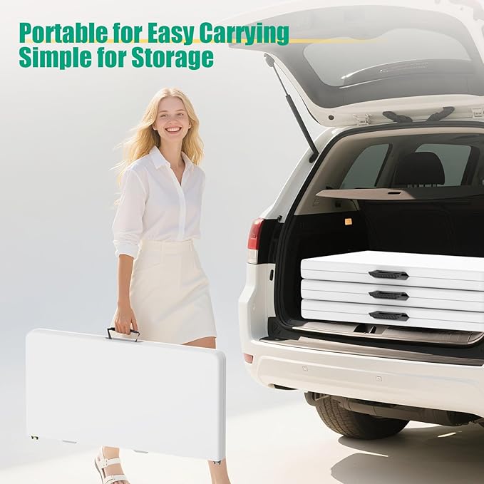 HLPB 34'' Square Folding Card Table, Fold-in-Half Portable Dining Table with Handle and Safety Lock, Foldable Plastic Dining Table Indoor Outdoor for Camping, Picnic and Party Event, White-VerdiqueGarden