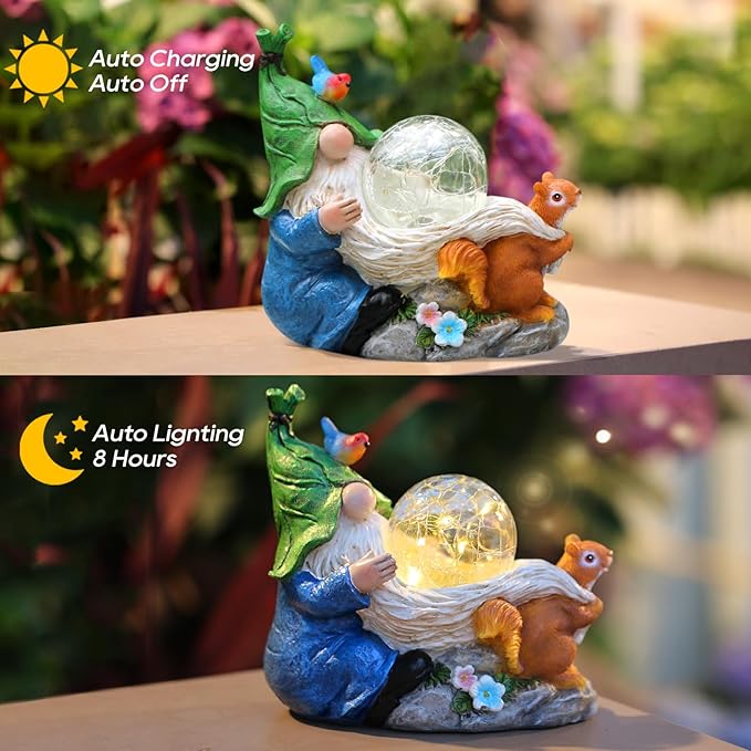 Garden Gnomes Statue Outdoor Decor,Solar Gnome Statue for Outside -Resin Blue Gnome Yard Art Gifts for Mom,Grandmam Birthday Gift-VerdiqueGarden