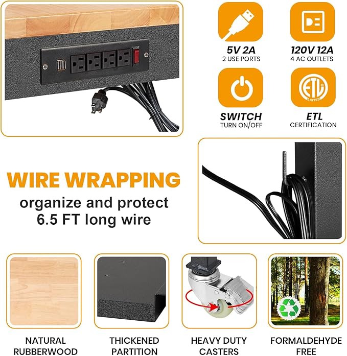 48"/60'' Adjustable Workbench, Rubber Wood Top Work Bench Heavy-Duty Work Table with Power Outlet, Wheels, Partition 2000 LBS Load Capacity Hardwood Work Benches for Garage, Workshop, Home, Office-VerdiqueGarden