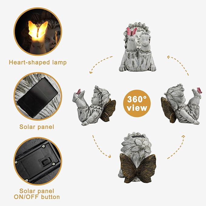 Garden Fairy Outdoor Solar Decor, Resin Ornaments for Patio Lawn Yard Porch, Playful Garden Flower Fairy Statues for Outside Angel Gifts, 7.91 Inches Tall-VerdiqueGarden