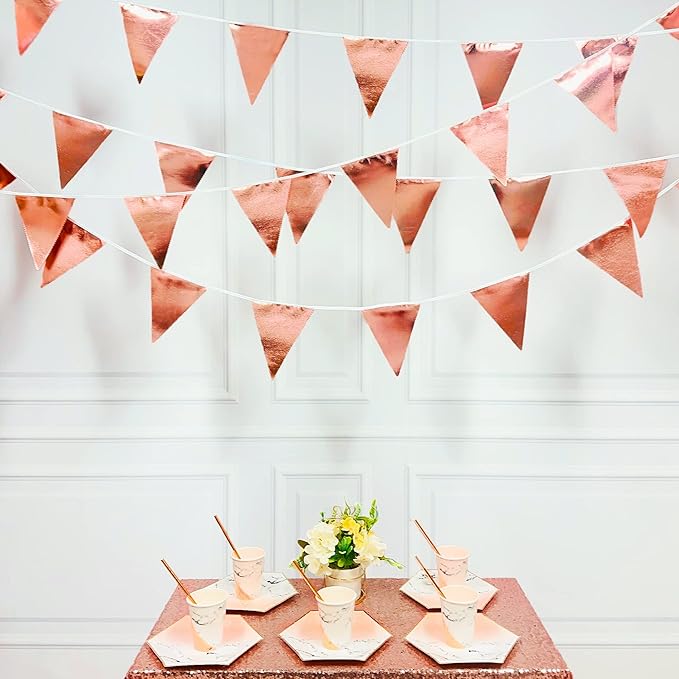 Rose Gold Party Decorations Metallic Fabric Triangle Pennant Banner Blush Pink Flag Bunting Garland for Wedding Birthday Anniversary Bridal Shower Engagement Graduation Hen Party Decorations Supplies-VerdiqueGarden