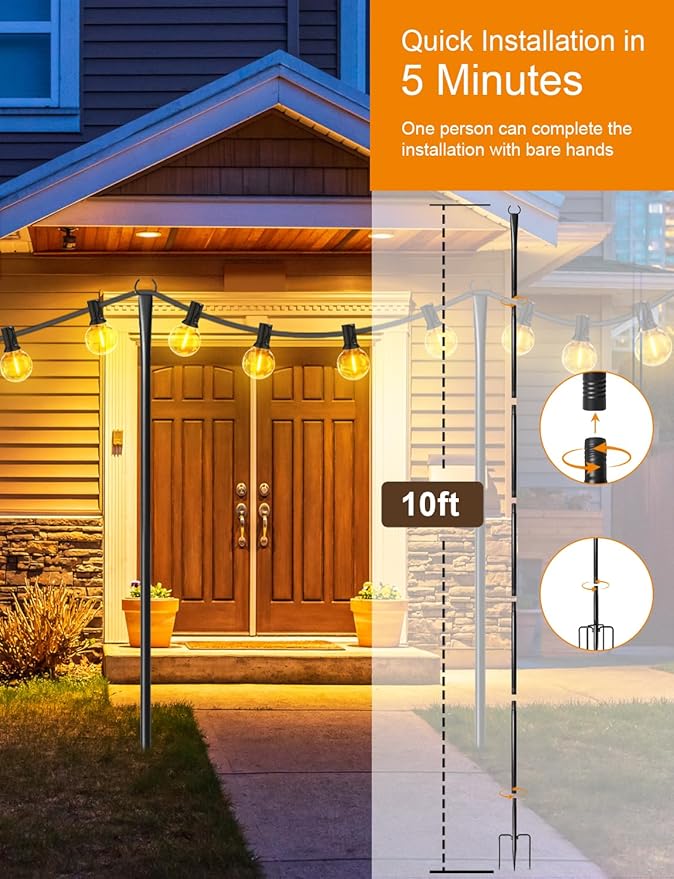 4 Pack String Light Poles for Outside, Thickened Metal Lights Hanger Pole Outdoor with Fork, Lighting Hanging Post Accessories for Patio Decor Garden Backyard Yard Front Porch Outside Decorations-VerdiqueGarden