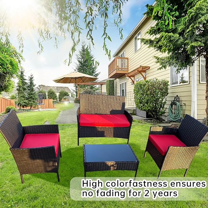 3-Pack Outdoor Patio Furniture Replacement Cushions Set–High-Elastic Sponge Cushions Fit 4-Piece Wicker Rattan Sofa, Loveseat & Chairs, 36x18x2 & 18x18x2, Waterproof, Fade-Resistant (Wine red)-VerdiqueGarden