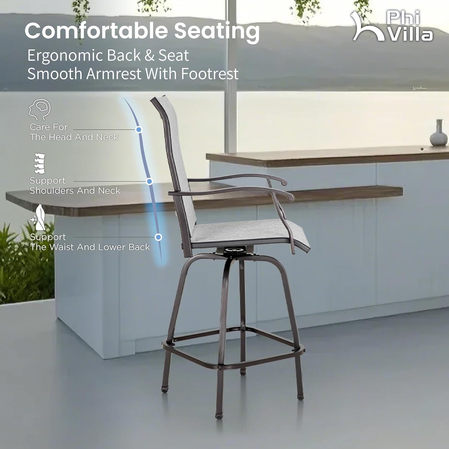 PHI VILLA Outdoor Swivel Patio Bar Stools Set of 2, 30 Inch Bar Height Tall Patio Chairs with Back & Armrest, Durable Textilene Fabric in Grey for Deck Lawn Garden-VerdiqueGarden