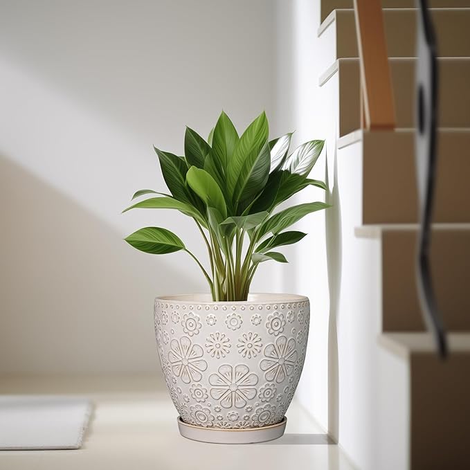 10 Inch Ceramic Planter Pot Large Plant Pot for Indoor Plants Outdoor Round Flower Pot with Drainage Hole and Saucer for Home Garden Decor White-VerdiqueGarden