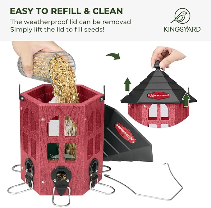 Kingsyard Wild Bird Feeder for Outdoor Hanging, Recycled Plastic Bird Feeders with 6 Ports & U-Shape Perch, Garden Yard Outside Decoration, 3.5 lbs Seed Capacity, Red-VerdiqueGarden