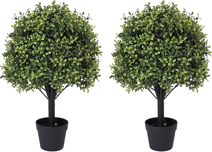 27“ Realistic Artificial Boxwood Topiary Trees Set of 2, Faux Boxwood Plants Outdoor UV-Resistant, No Maintenance Curb Appeal Fake Evergreen Bushes & Shrubs for Front Porch Outside Planter Decor-VerdiqueGarden