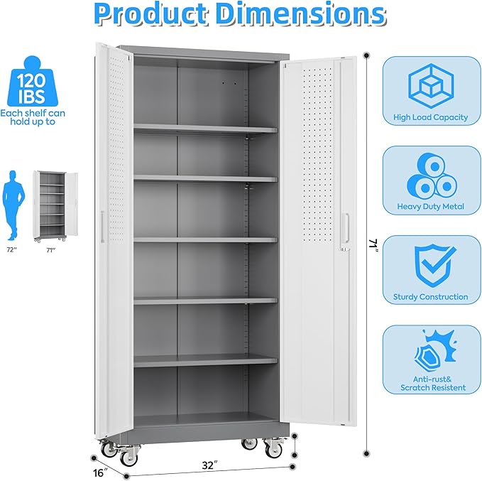 71" H×32" W×16" D Garage Storage Cabinet with Wheels & Pegboard, Locking Metal Storage Cabinet with Doors and 5 Adjustable Shelves & & 4 Hooks for Garage Warehouse Home Office, White and Gray-VerdiqueGarden