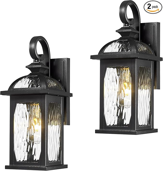zeyu 2 Pack Outdoor Wall Lamps, 15-inch Black Exterior Light Fixtures for Patio House, Die-Cast Aluminum with Water Ripple Glass, Black Finish, ZD100B-2PK BK-WP-VerdiqueGarden