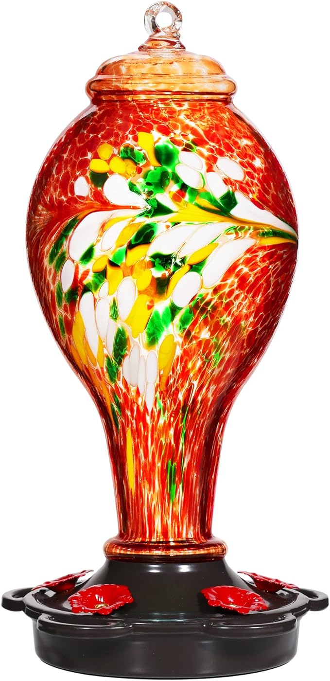 LUJII Hummingbird Feeder for Outdoors, Hand Blown Glass Humming Bird Feeder, Anti Fade Leakproof with 25 Ounces Nectar Capacity, Easy to Install Clean Refill, Include Hook & Ant Moat (Red)-VerdiqueGarden