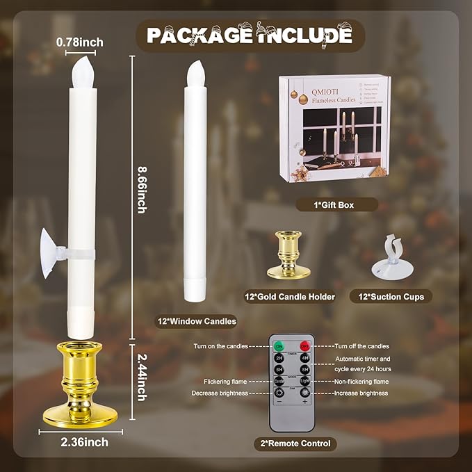 12 Pack Christmas Window Candles, Battery Operated Window Candles with Timer Remote, Candle Holder Suction Cup for Christmas Decorations, Gold-VerdiqueGarden