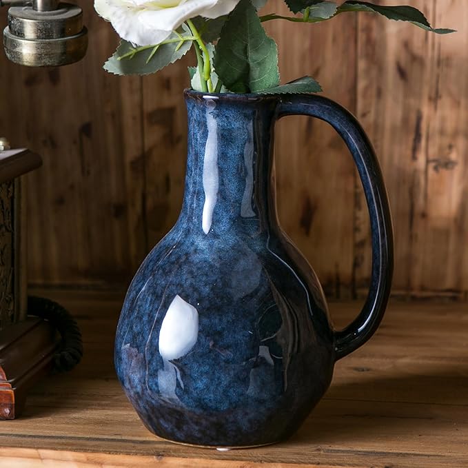 Blue Ceramic Vase with Big Handles, Modern Farmhouse Decor, Rustic Pottery for Flowers, Decorative Terracotta Centerpiece for Dining Table-VerdiqueGarden