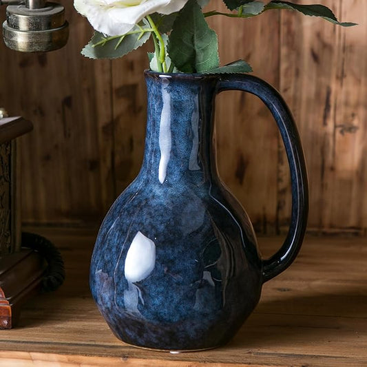Blue Ceramic Vase with Big Handles, Modern Farmhouse Decor, Rustic Pottery for Flowers, Decorative Terracotta Centerpiece for Dining Table-VerdiqueGarden