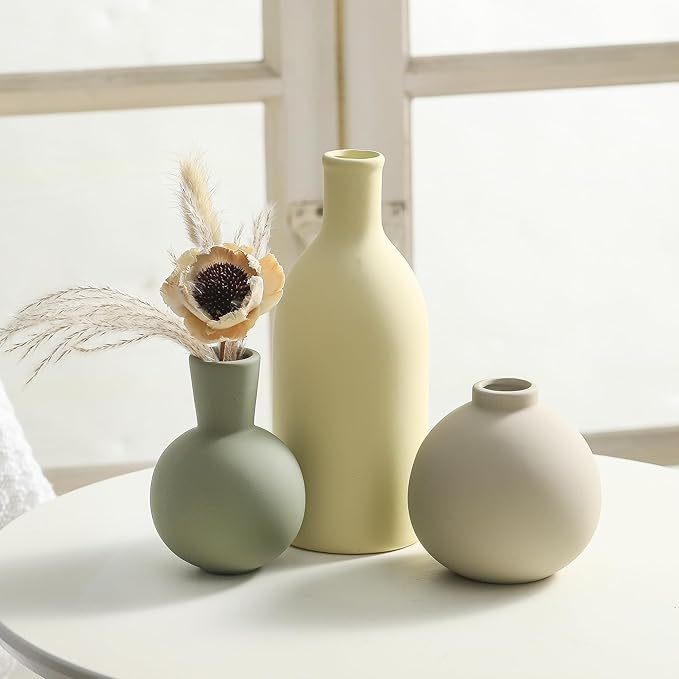 Vase Set of 3, Ceramic Vases Home Decor Flower Decorative Table Decor Vase Pottery Neutral Vases for Tray Table Mantel Living Room Kitchen Bedroom Bathroom Entryway -Light Color-VerdiqueGarden