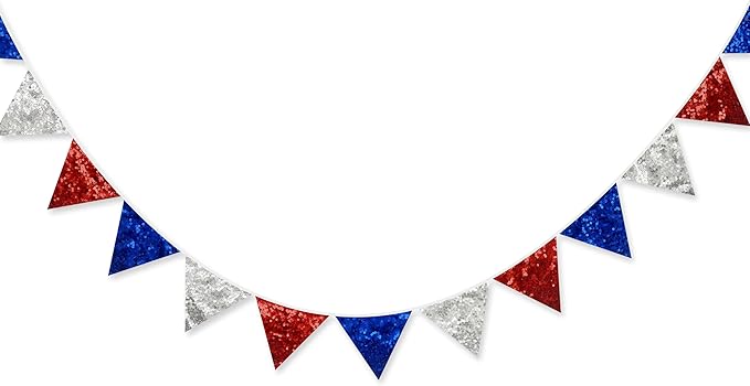 pinkblume Red Blue Silver Decorations Double Sided Sequin Fabric Triangle Pennant Banner Flag Bunting Garland for Nursery Classroom Home Bedroom Wall 4th of July American Veterans USA Holiday Decor-VerdiqueGarden