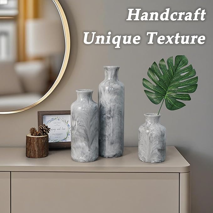 Resin 3 Piece Vase Set, Farmhouse Decor, Home Decorative Vase, Vases for Your Kitchen, Bedroom, Office, Living Room, Bathroom, & Shelf Centerpiece Table Decorations, Grey-VerdiqueGarden