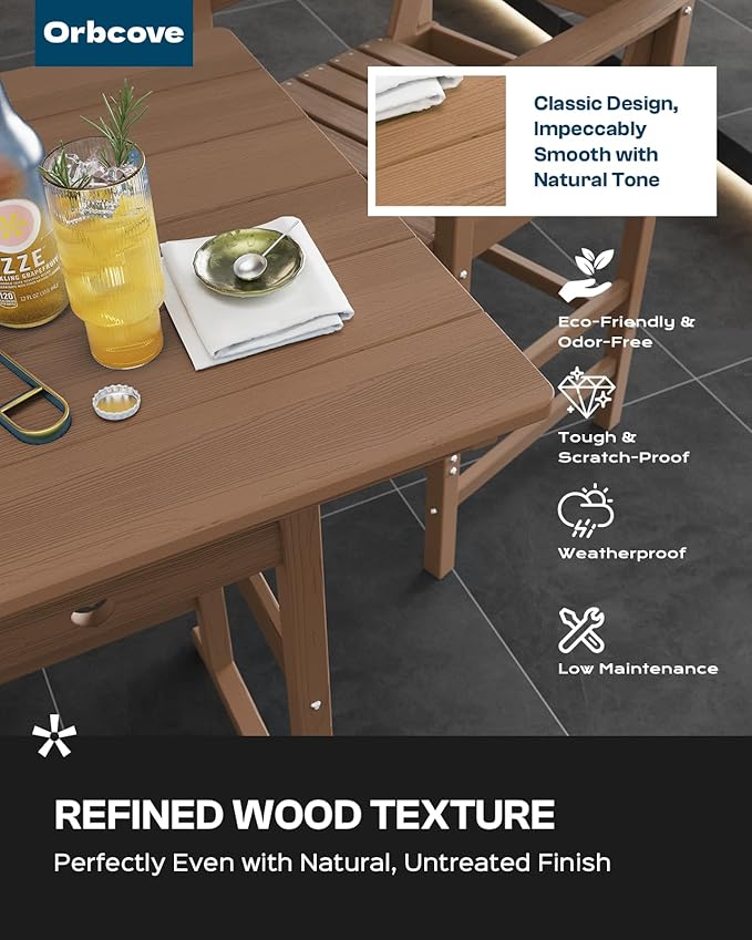 5-Piece Bar Height Outdoor Table and Chairs Set, HDPE Wood Grain Patio Bar Table and Chairs with Heart Cutout Design, Weather-Resistant Bar Height Furniture for Deck, Porch, Pool (Teak)-VerdiqueGarden