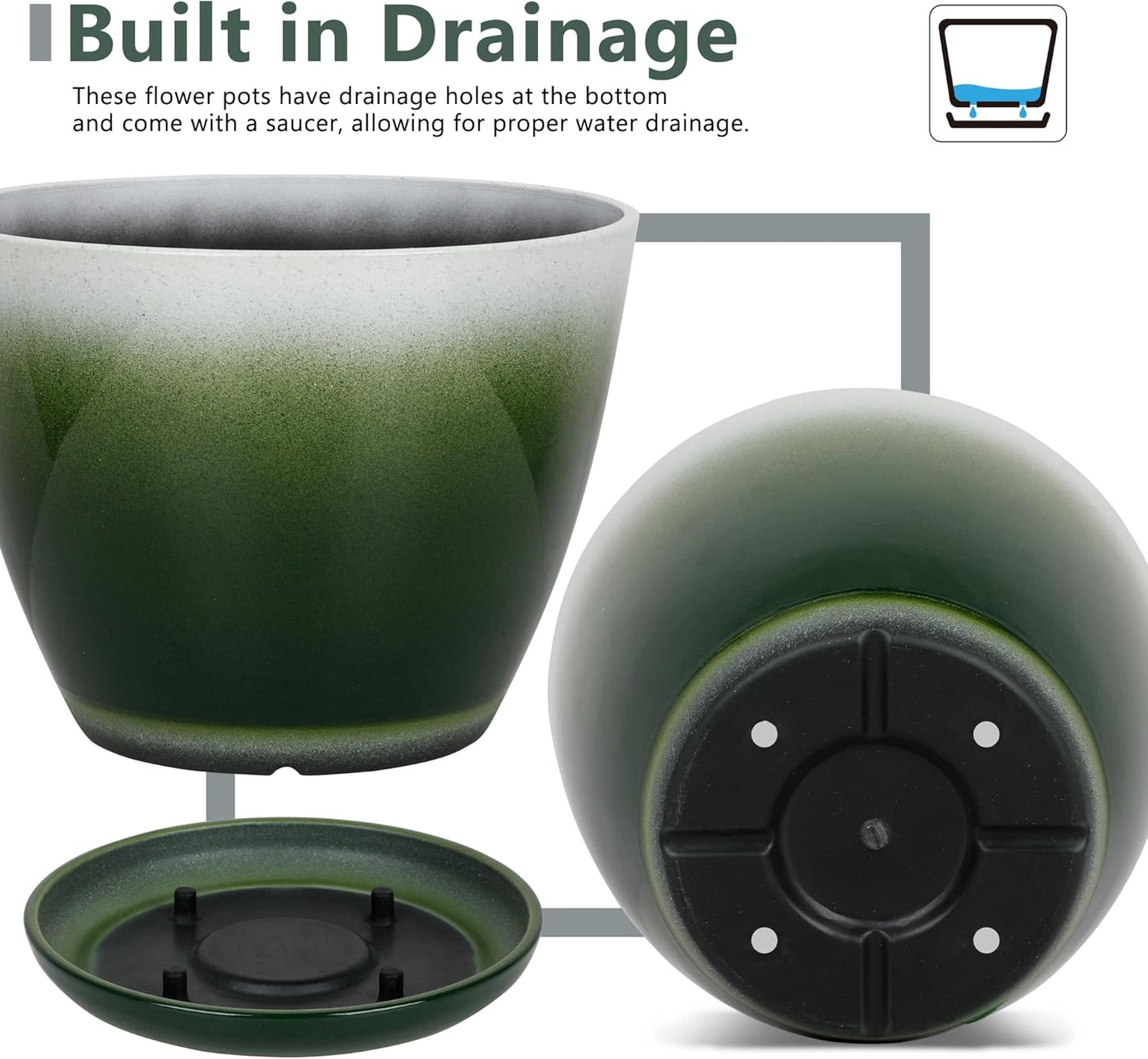 Worth Garden Plastic Round 8" Plant Pots - Set of 6 Multicolor Small Gloss Flower Pot Planters with Drainage Hole and Saucer - Home Decorative Christmas Containers-VerdiqueGarden