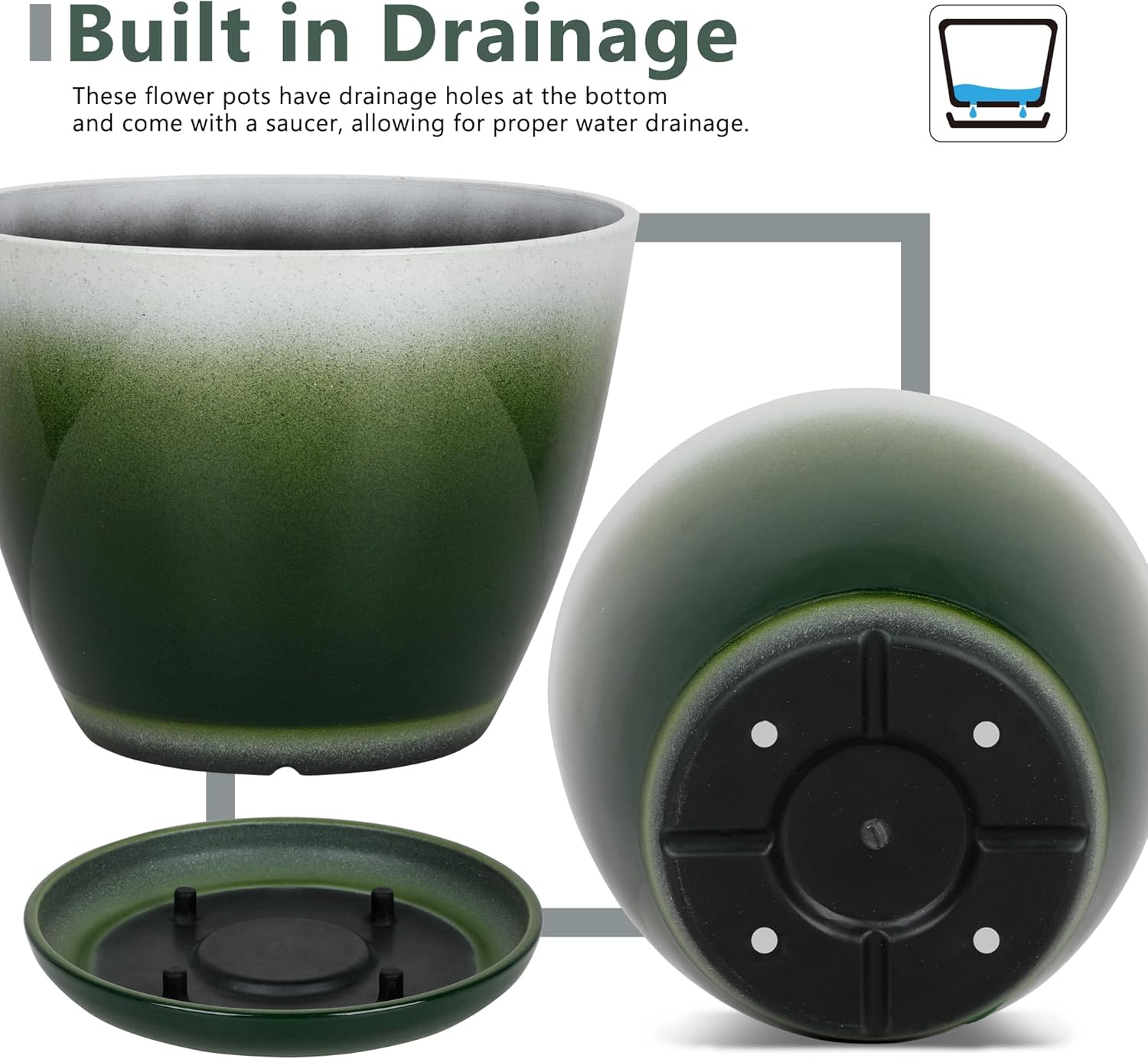 Worth Garden Plastic Round 8" Plant Pots - Set of 6 Multicolor Small Gloss Flower Pot Planters with Drainage Hole and Saucer - Home Decorative Christmas Containers-VerdiqueGarden