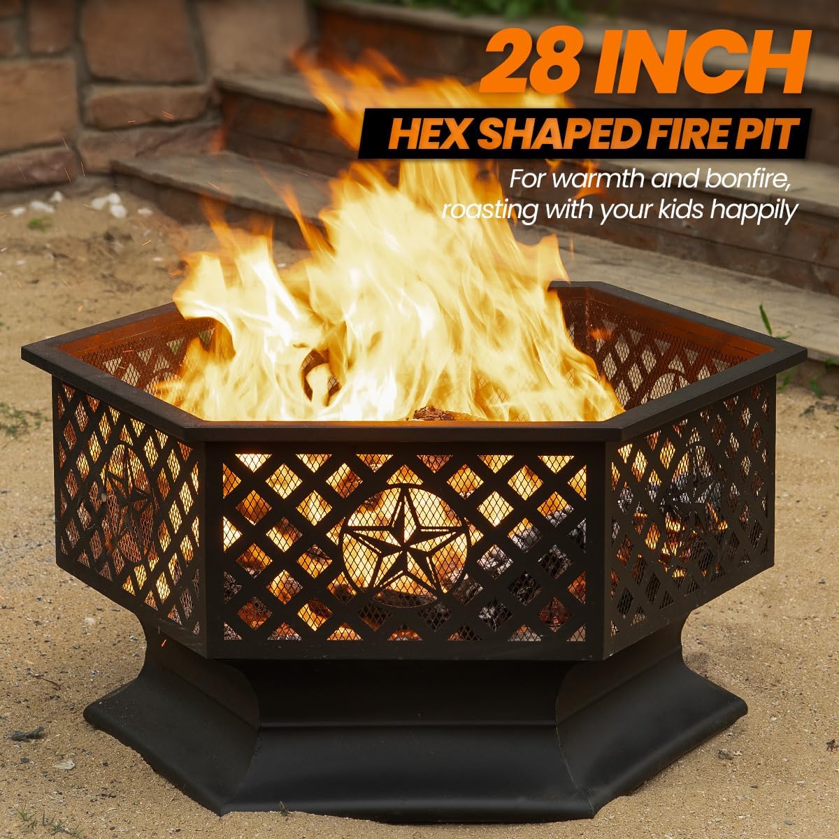28 Inch Hexagonal Fire Pit,Wood Burning Firepits for Outside with Spark Screen&Poker,Metal Hex-Shaped Outdoor Fire Pit for Outside,Backyard,Bonfire,Patio,Garden,Picnic and Camping（Black）-VerdiqueGarden