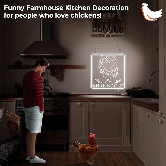 Funny Rooster Decor 16 X 16 Inch Large,Rooster Kitchen Decor Kitchen Sign Dimmable Neon Sign for Farmhouse,Rooster Gifts,Chicken Coop,Garden,Farm House Decoration-VerdiqueGarden